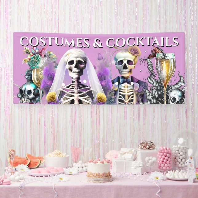 Skeleton bride groom goth purple wedding cocktail banner (Party)