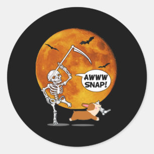 Skeleton Broken Leg Halloween Corgi Reaper Scythe Classic Round Sticker