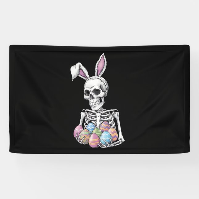 Skeleton Bunny Holding Easter Eggs Funny Rabbit Banner (Horizontal)