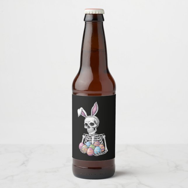 Skeleton Bunny Holding Easter Eggs Funny Rabbit Beer Bottle Label (Front)