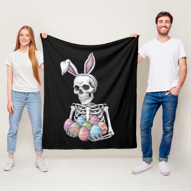 Skeleton Bunny Holding Easter Eggs Funny Rabbit Fleece Blanket (In Situ)