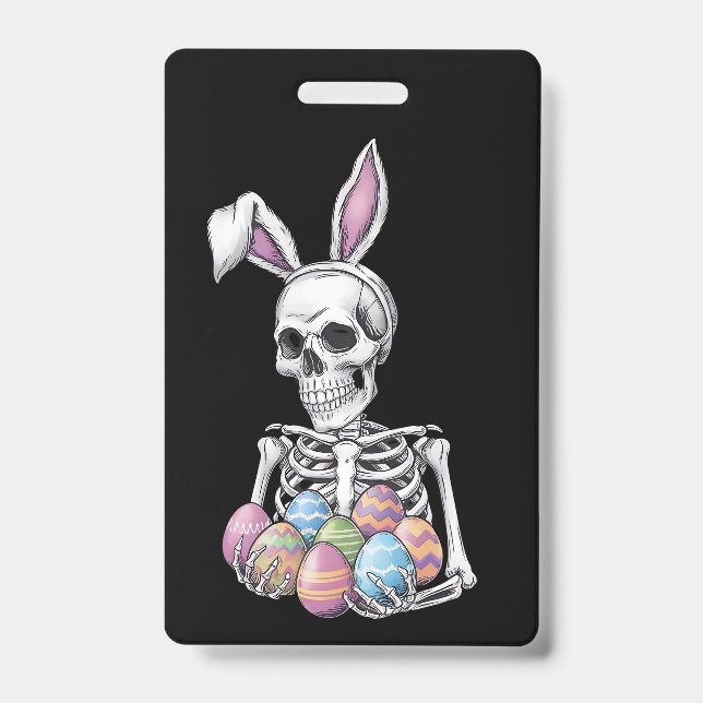 Skeleton Bunny Holding Easter Eggs Funny Rabbit ID Badge (Front)