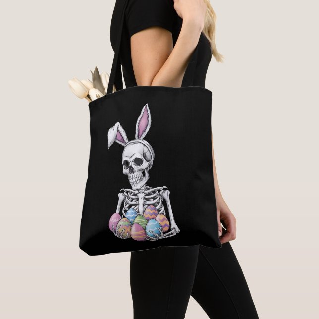 Skeleton Bunny Holding Easter Eggs Funny Rabbit Tote Bag (Close Up)
