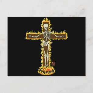 Skeleton Burning on Cross Goth Halloween Tattoo Postcard