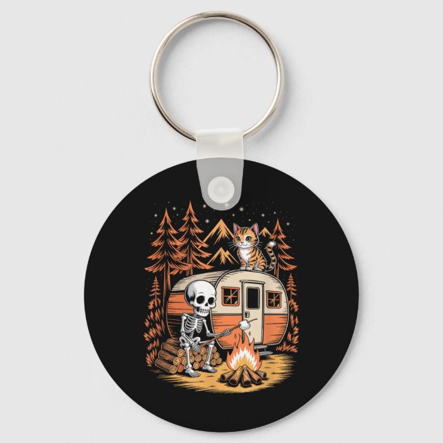 Skeleton Camper Relaxing by the Campfire with an Key Ring (Front)
