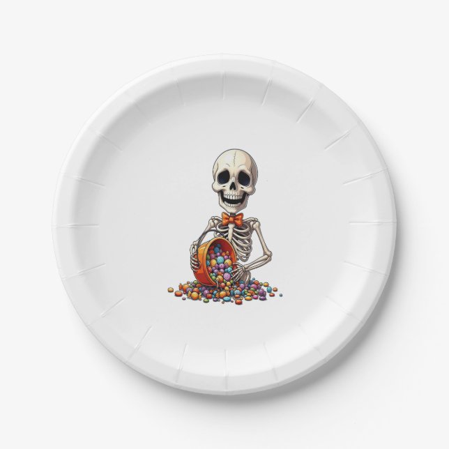 Skeleton Candy Bowl Halloween Paper Plate (Front)