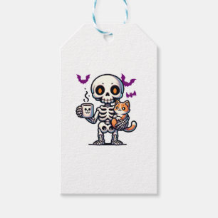 Skeleton Cat and coffee spooky dad and mum for hal Gift Tags