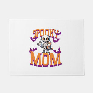 Skeleton Cat and coffee spooky mum for halloween Doormat