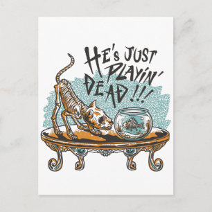 Skeleton Cat and Fish Playing Dead Postcard