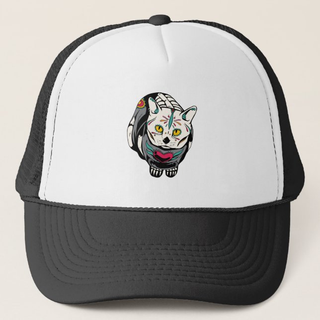 Skeleton Cat Gift For Dia de Muertos Skull Lovers Trucker Hat (Front)