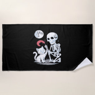 Skeleton Cat Halloween Funny Cute Spooky Essential Beach Towel