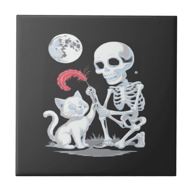 Skeleton Cat Halloween Funny Cute Spooky Essential Ceramic Tile (Front)