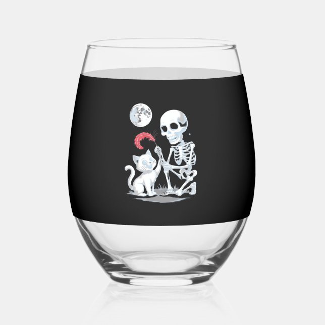 Skeleton Cat Halloween Funny Cute Spooky Essential Stemless Wine Glass (Front)