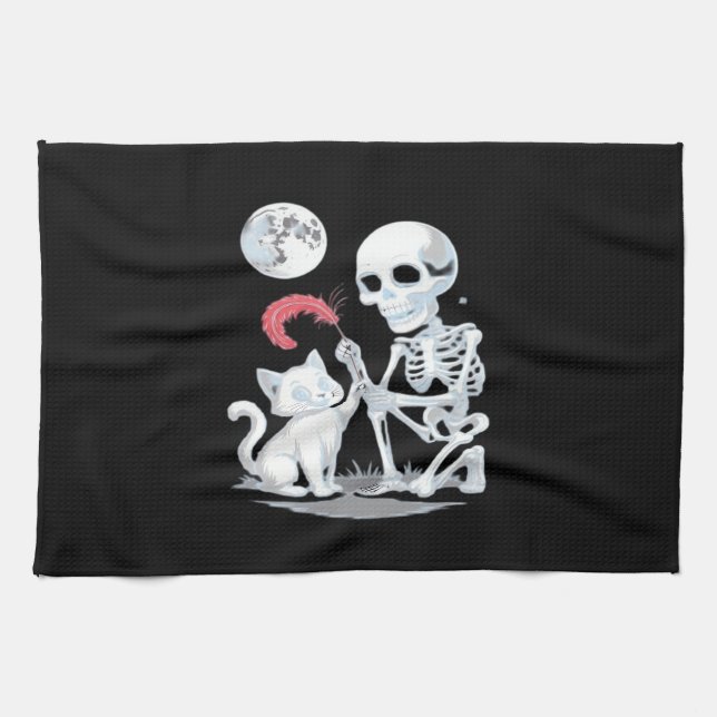 Skeleton Cat Halloween Funny Cute Spooky Essential Tea Towel (Horizontal)
