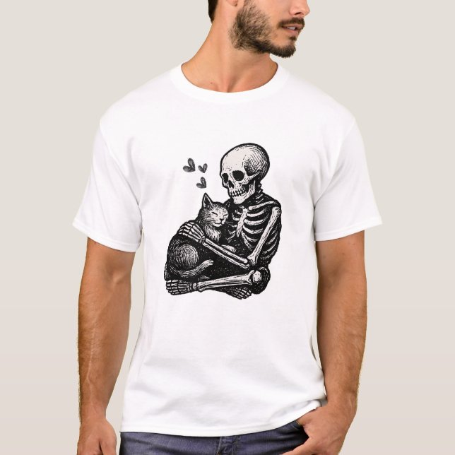 Skeleton Cat Love Gothic Art T-Shirt (Front)