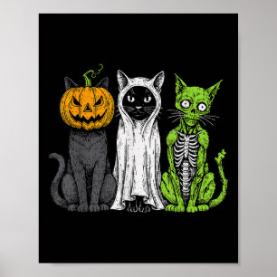 Skeleton Cat Pumpkin Ghost Halloween Kitty Meow Gi Poster