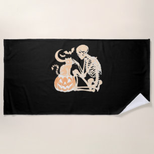 Skeleton Cat Skull kitty Cute Halloween Design Cla Beach Towel