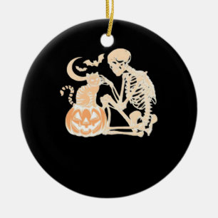 Skeleton Cat Skull kitty Cute Halloween Design Cla Ceramic Ornament