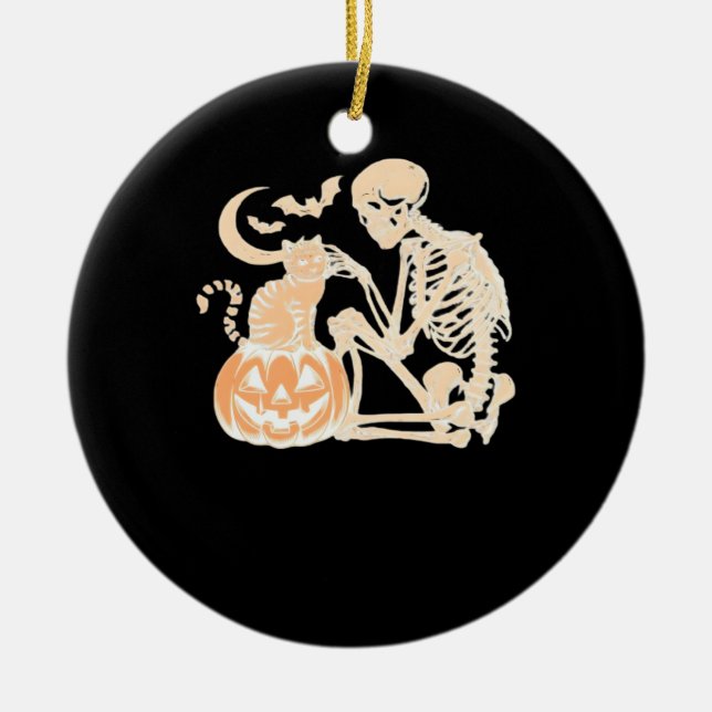 Skeleton Cat Skull kitty Cute Halloween Design Cla Ceramic Ornament (Front)