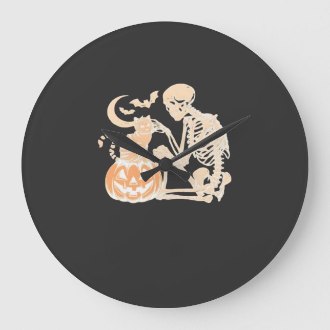Skeleton Cat Skull kitty Cute Halloween Design Cla Large Clock (Front)