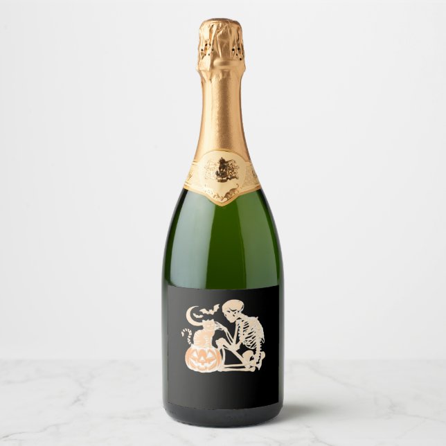 Skeleton Cat Skull kitty Cute Halloween Design Cla Sparkling Wine Label (Front)