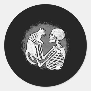 Skeleton Cat Skull Kitty Cute Halloween Men Women Classic Round Sticker