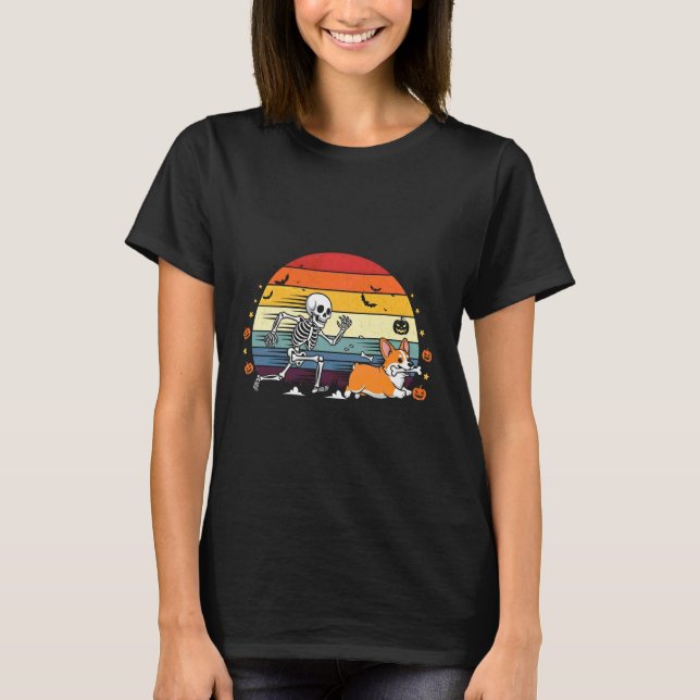 Skeleton Chasing Corgi Funny Halloween T-Shirt (Front)