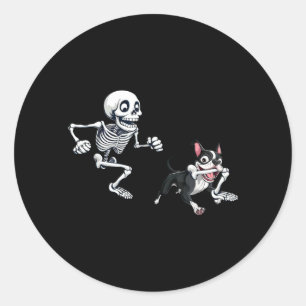 Skeleton Chasing Dog Boston Terrier Halloween Pet Classic Round Sticker