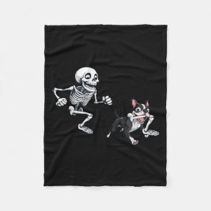 Skeleton Chasing Dog Boston Terrier Halloween Pet Fleece Blanket