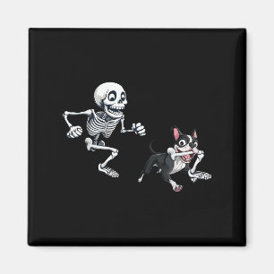 Skeleton Chasing Dog Boston Terrier Halloween Pet Magnet