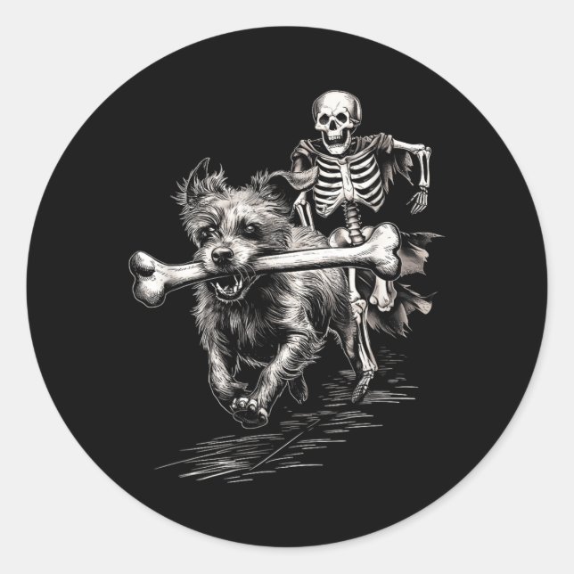 Skeleton Chasing Dog Funny Halloween Missing Bone Classic Round Sticker (Front)