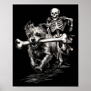 Skeleton Chasing Dog Funny Halloween Missing Bone Poster