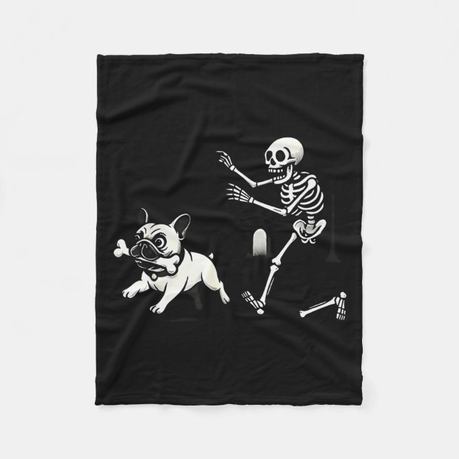 Skeleton Chasing French Bulldog Biting Leg Bone Ha Fleece Blanket (Front)