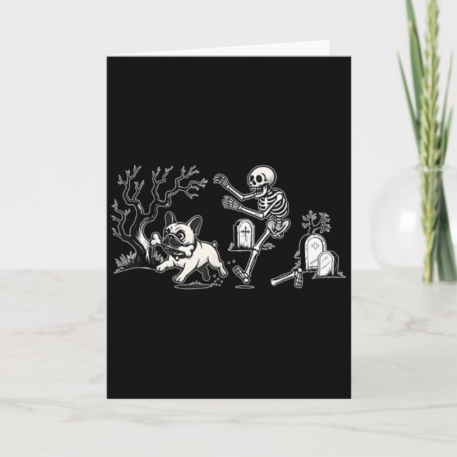 Skeleton Chasing French Bulldog Halloween Dog Mum  Card (Front)