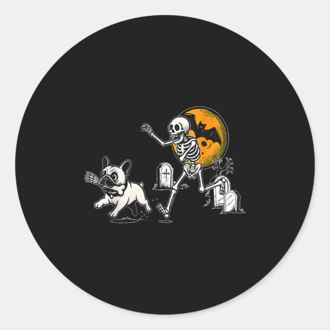 Skeleton Chasing French Bulldog Halloween Dog Mum  Classic Round Sticker (Front)