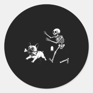 Skeleton Chasing French Bulldog Halloween Dog Mum Classic Round Sticker