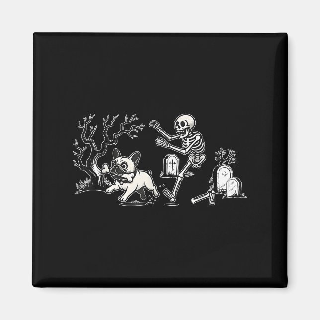 Skeleton Chasing French Bulldog Halloween Dog Mum  Magnet (Front)