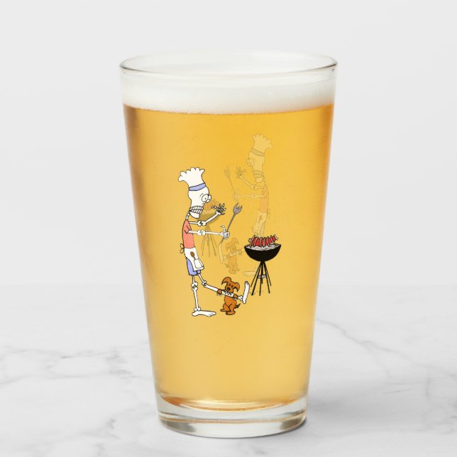 Skeleton Chef Grilling BBQ and Dog Gnawing on Bone Glass (Front Filled)