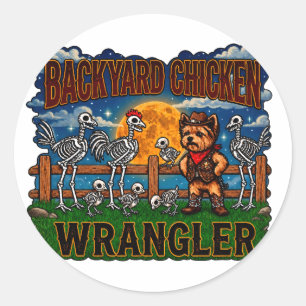 Skeleton Chickens & Cowboy Yorkie Halloween Classic Round Sticker