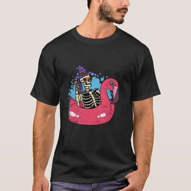 Skeleton Chillin Flamingo Halloween Funny Witch Bo T-Shirt (Front)