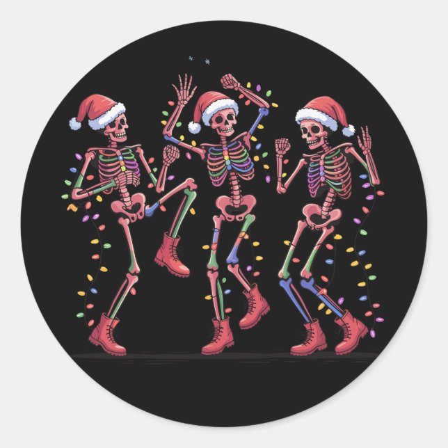 Skeleton Christmas Dancing Skeleton Lights Merry  Classic Round Sticker (Front)