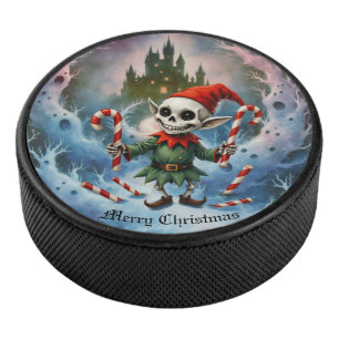 Skeleton Christmas Elf – Creepy Cute Dark Holiday  Hockey Puck
