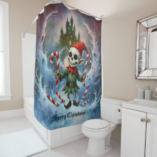 Skeleton Christmas Elf – Creepy Cute Dark Holiday Shower Curtain