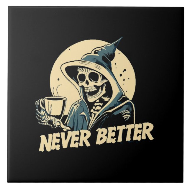 Skeleton Coffee Halloween Ceramic Tile (Front)