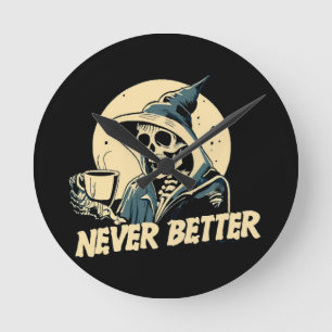 Skeleton Coffee Halloween Round Clock