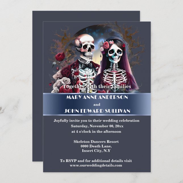 Skeleton couple burgundy dusky blue gothic wedding invitation (Front/Back)