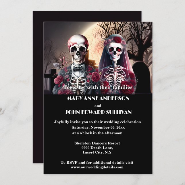 Skeleton couple burgundy plum black gothic invitation (Front/Back)