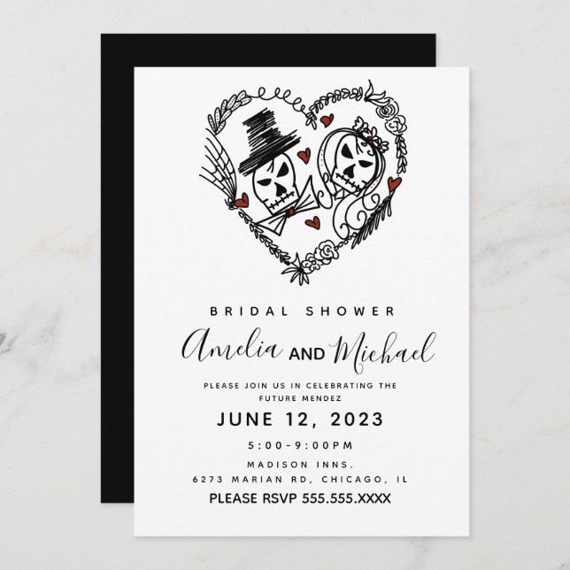 Skeleton Couple Doodle Illustration Bridal Shower Invitation (Front/Back)