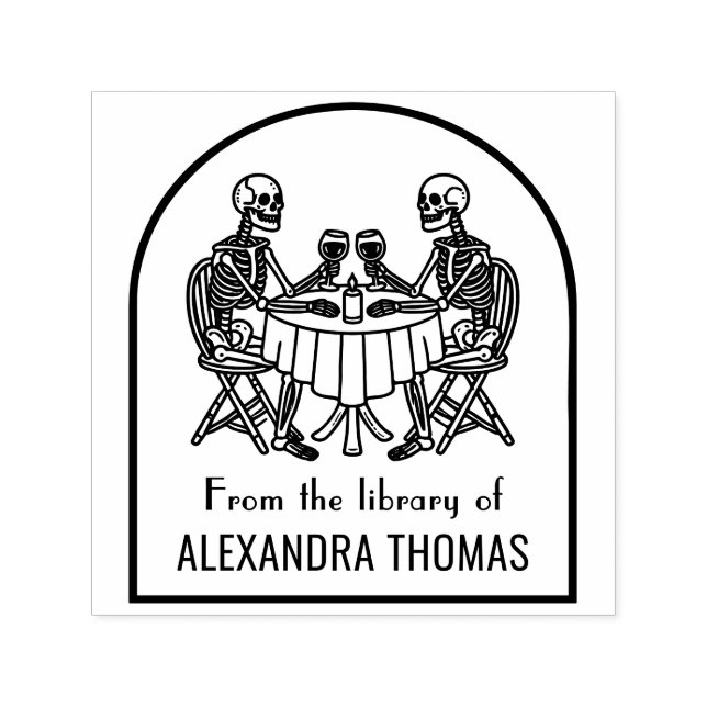 Skeleton Couple Drinking Wine Library Book Name Self-inking Stamp (Design)