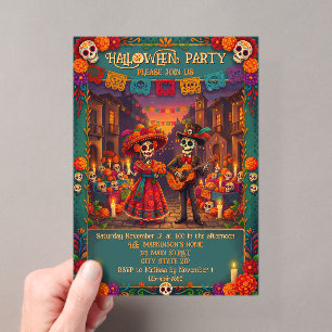 Skeleton Couple Fiesta Halloween Party Acrylic Invitations